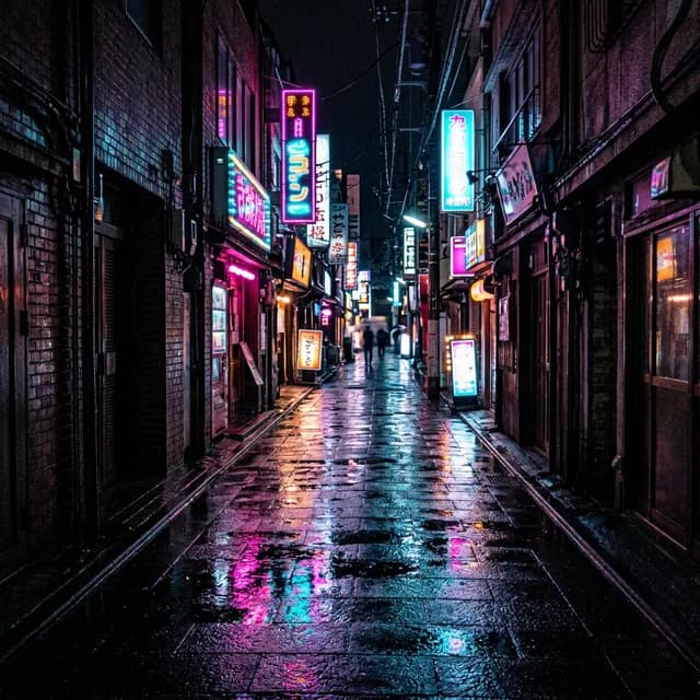 Neon-lit street at night after rain
