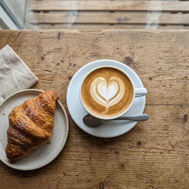 Flat white with latte art and a croissant