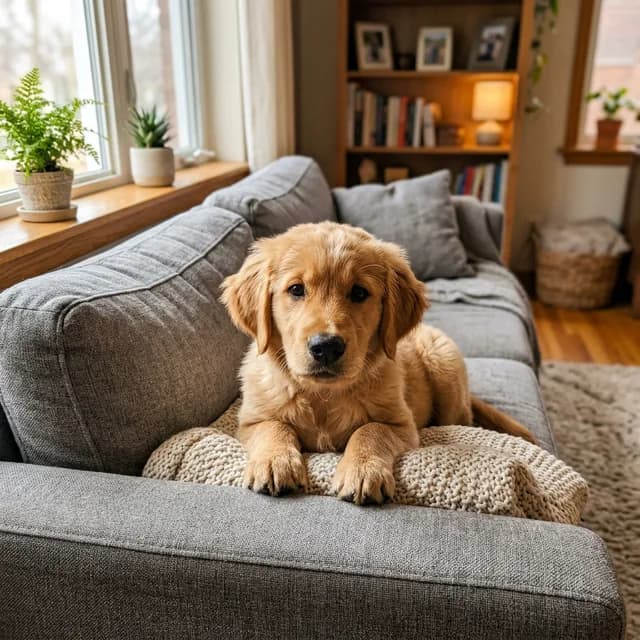 Golden retriever puppy on a couch