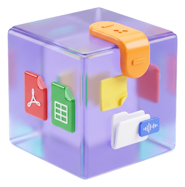 A frosted violet glass cube holding documents, latched shut with an orange calculator key