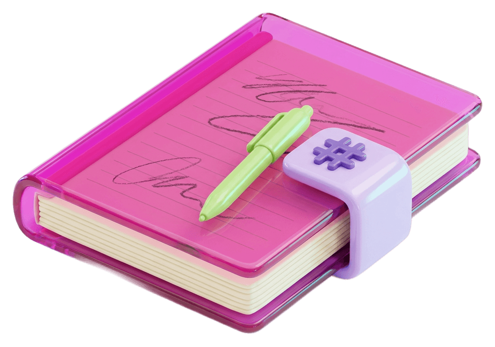 A glossy magenta notebook clipped shut with a lavender calculator key, a lime pen resting on top