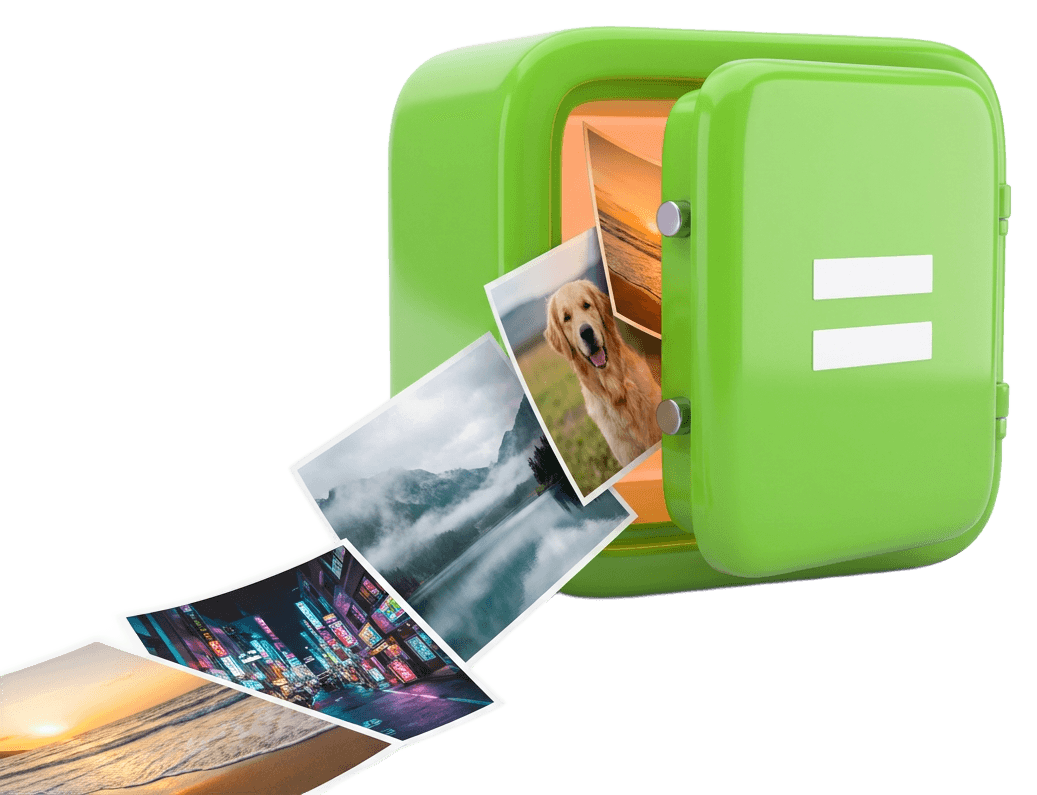 A lime-green equals key opened like a safe door with photo prints spilling out